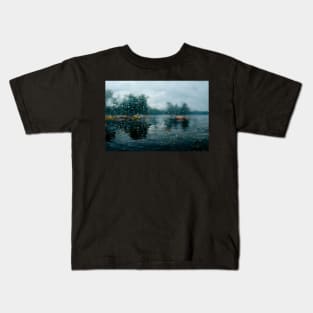 Foggy Lake Falling Raindrops On A Rainy Autumn Day Kids T-Shirt